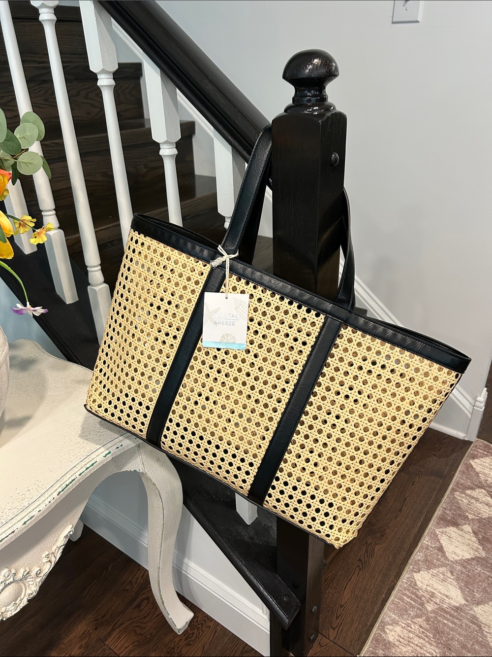 Woven Cane Tote with Black Trim - Classic Summer Carryall